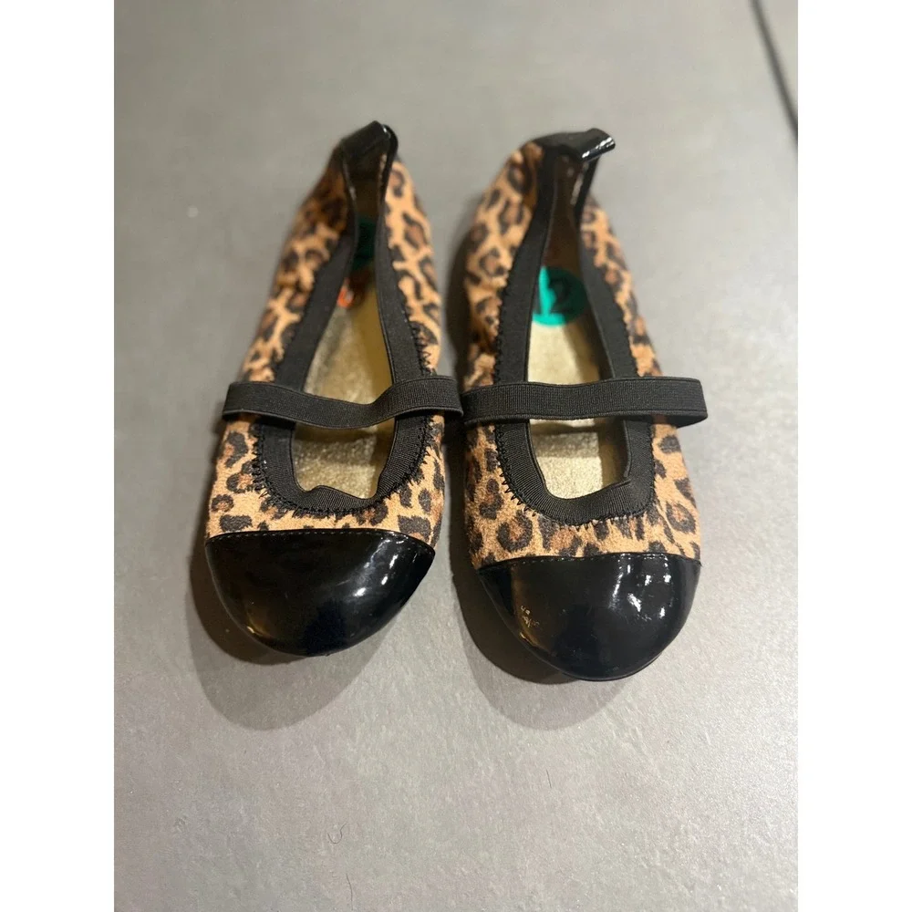 Michael Kors Girls Leopard Print Mary Jane Ballet Flats Black Cap Toe Size 12